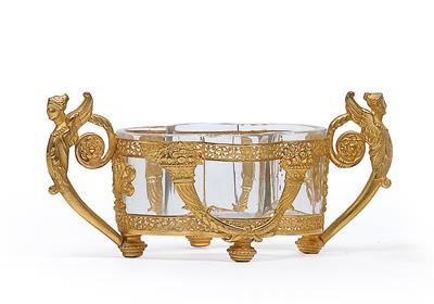 A small jardinière and calling card container, with glass liner and gilt mounts, - Sklo, Porcelán