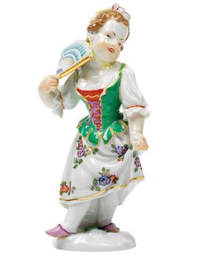 A girl in dancers pose holding a fan in the right hand, - Vetri e porcellane