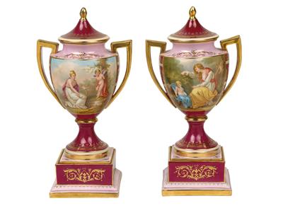 A pair of lidded vases in Empire form, decorated with scenes after Angelika Kauffmann, inscribed "Amor am Pranger und Cleone", - Glass and porcelain