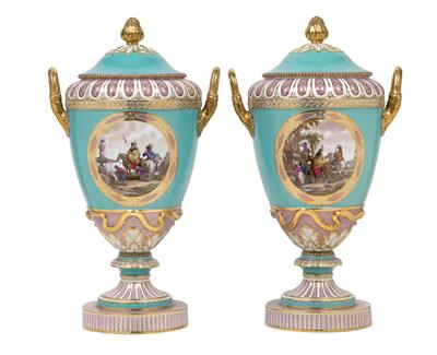 A pair of lidded vases decorated with Dutch scenes after Wouwerman, - Glass and porcelain