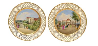 A pair of lattice work plates decorated with views of Vienna, - Glass and porcelain