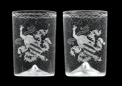 A pair of armorial glasses, - Glass and porcelain