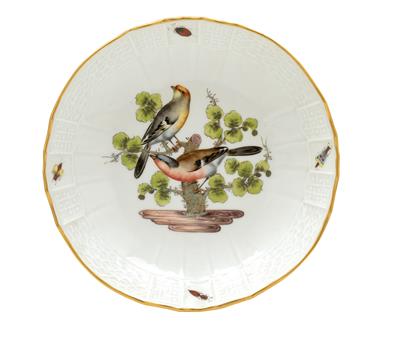 A round bowl decorated with birds perched among branches, - Glass and porcelain
