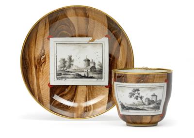 A cup and saucer with "trompe-l'oeil" painting, - Sklo, Porcelán