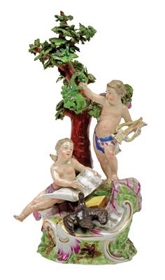 "Allegory of Music" - A figural tree group with 2 amorettes, - Glass and porcelain