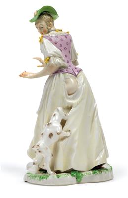 "A lady attacked by a small dog", - Glass and porcelain