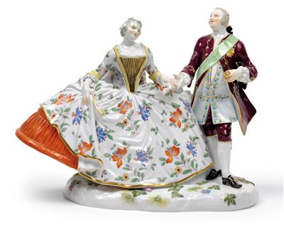 A cavalier with the Polish Order of the White Eagle leading a lady by the hand, - Glass and porcelain