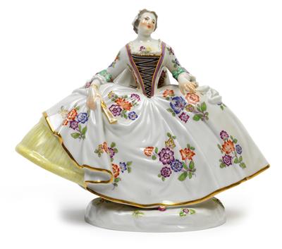 A figure of a lady with crinoline skirt and fan in the right hand, - Sklo, Porcelán