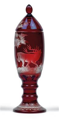 A lidded goblet decorated with a stag, - Glass and porcelain