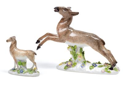 A figure of a fleeing deer and a standing fawn, - Glass and porcelain