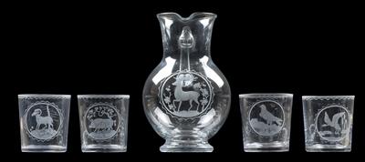 Lobmeyr-Krug und 8 Becher mit Wild-Darstellungen, - Glas und Porzellan