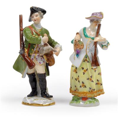 A miniature figure of a huntsman and huntress, - Glass and porcelain