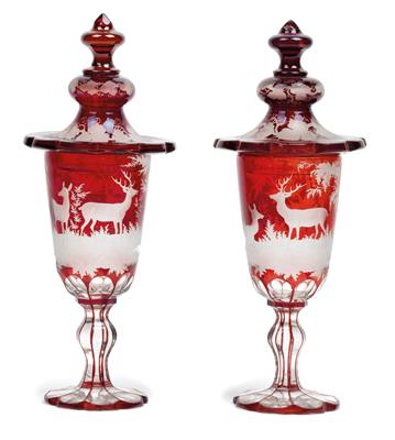 A pair of lidded goblets decorated with game-animal scenes, - Vetri e porcellane