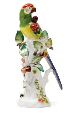 A figure of a parrot perched in a cherry tree, - Sklo, Porcelán