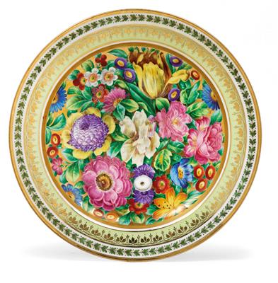 A platter with floral décor, - Glass and porcelain