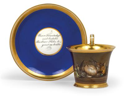 A cup decorated with poultry, with saucer and dedication, - Vetri e porcellane