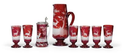 A glass service decorated with hunting scenes, - Glass and porcelain
