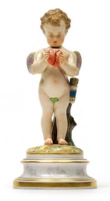 "Cupid with sad expression, holding a broken heart", - Glass and porcelain