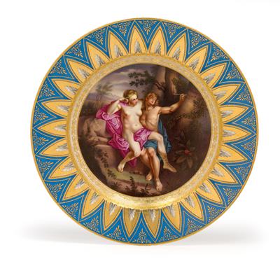 "Angelique and Medor" - A plate decorated with a mythological scene, - Vetri e porcellane