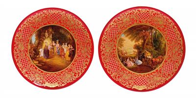 "Convegno di Caccia" and "L'Amore al Teatro Francese" after A. Watteau, A pair of large decor plates, - Sklo, Porcelán