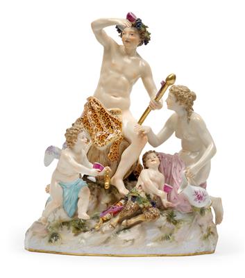 A Bacchus group, Bacchus on a barrel wreathed with grapes, - Glass and porcelain