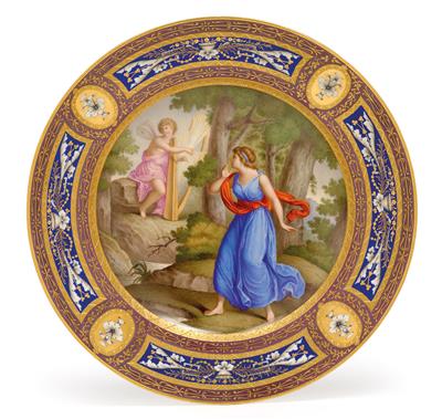 A pictorial plate, - Glass and porcelain