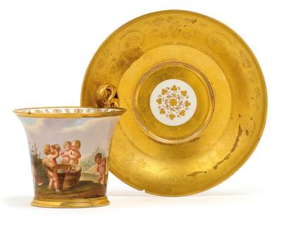 Georg Lamprecht "Autumn" - A pictorial cup with putti harvesting grapes, with saucer, - Sklo, Porcelán