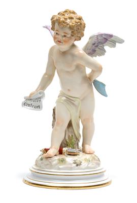 A large figure of Cupid with "Heirath's Contrat" (wedding contract) in the right hand, the left hand hiding a slipper behind his back, - Vetri e porcellane