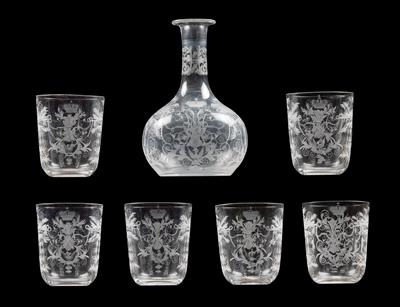 A Lobmeyr carafe and 6 glass cups with crowned ligature monogram MR, - Glass and porcelain