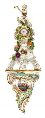 A miniature clock case with movement and wall console, - Glass and porcelain