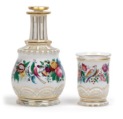 A night bottle with stopper and tumbler, - Sklo, Porcelán