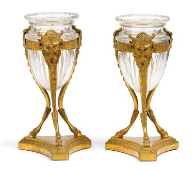 A pair of vases of flowers with gilt bronze mounts, - Glass and porcelain