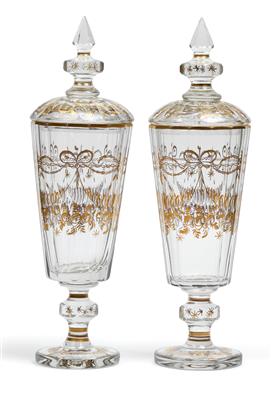 A pair of lidded goblets, - Glass and porcelain