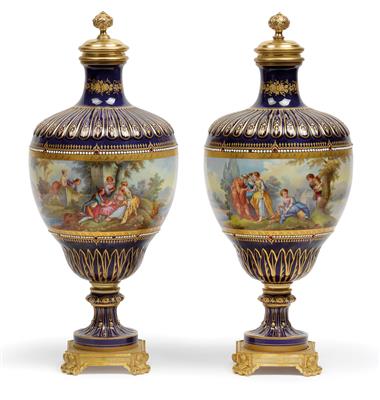A pair of French lidded vases with gilt bronze mounts, - Glass and porcelain