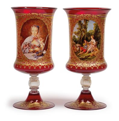 A pair of ornamental vases decorated with the portrait "La Marchesa di Pompadour" and the scene "Pensomo All'Uva" after F. Boucher, - Vetri e porcellane