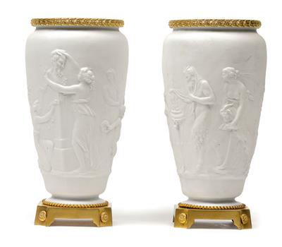 A pair of vases decorated with a Dionysian feast and gilt bronze mount, - Vetri e porcellane