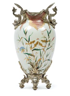 A vase with silver-plated mount, - Sklo, Porcelán