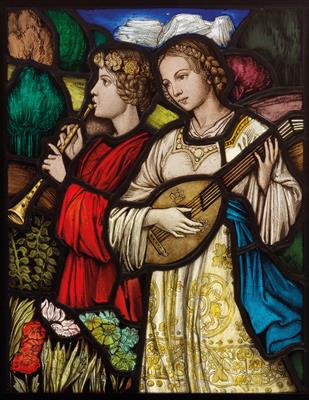 A leaded glass painting with boys and girls playing musical instruments, - Vetri e porcellane