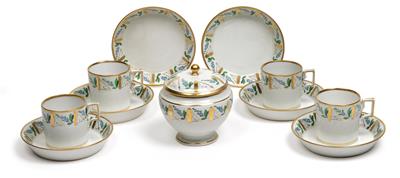 “J. Sturm pinxit Anno 1816” 1 sugar bowl with cover, 4 coffee cups and 6 saucers, - Sklo, Porcelán