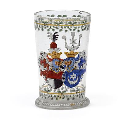 A baroque beaker with Alliance coat of arms and helmet decoration, - Vetri e porcellane