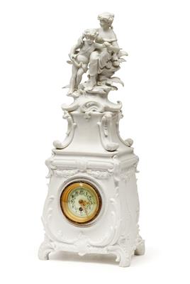 A biscuit porcelain clock case with clock movement, - Glass and porcelain