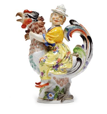 A Chinese man on a rooster jug with lid, - Glass and porcelain
