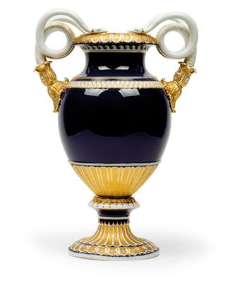 A large vase with double serpent handles, - Glass and porcelain