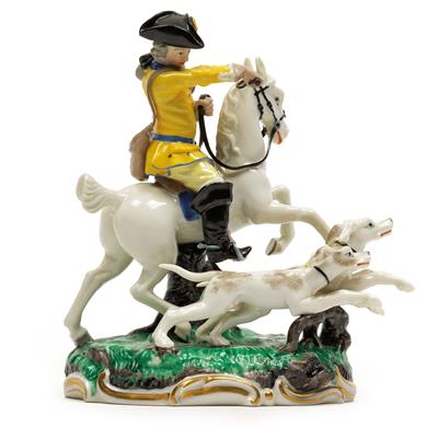 A hunter on horseback with 2 hunting dogs, - Glass and porcelain