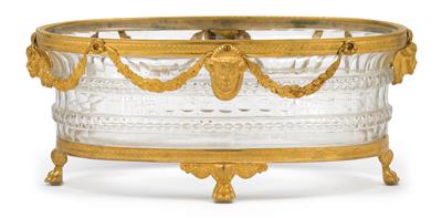 An oval glass bowl with gilt mount, - Sklo, Porcelán