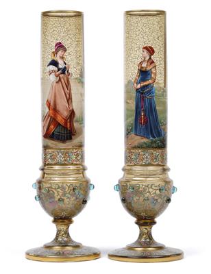 A pair of long-stem vases with young women in historical costumes, - Sklo, Porcelán
