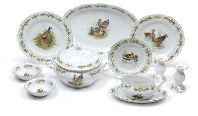 A dinner service decorated with diverse game birds, - Glass and porcelain