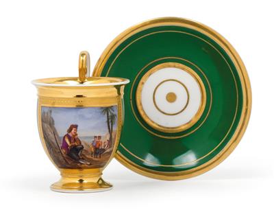 A cup with Turkish soldiers and saucer, - Vetri e porcellane