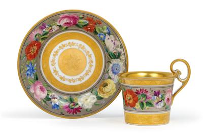 A cup with saucer and floral friezes, - Glass and porcelain