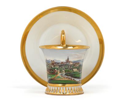 A cup with a view of "Klattau" and saucer, - Glass and porcelain